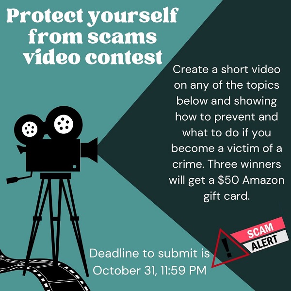 video camera blue background announcing anti scam video contest